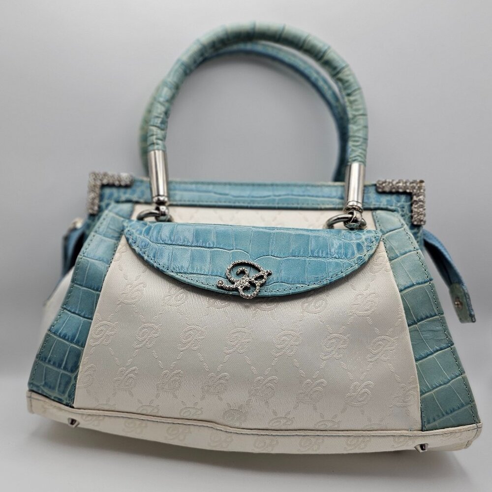 Blumarine Croc-Embossed Structured Handbag – Blue & White, Rhinestone Clasp